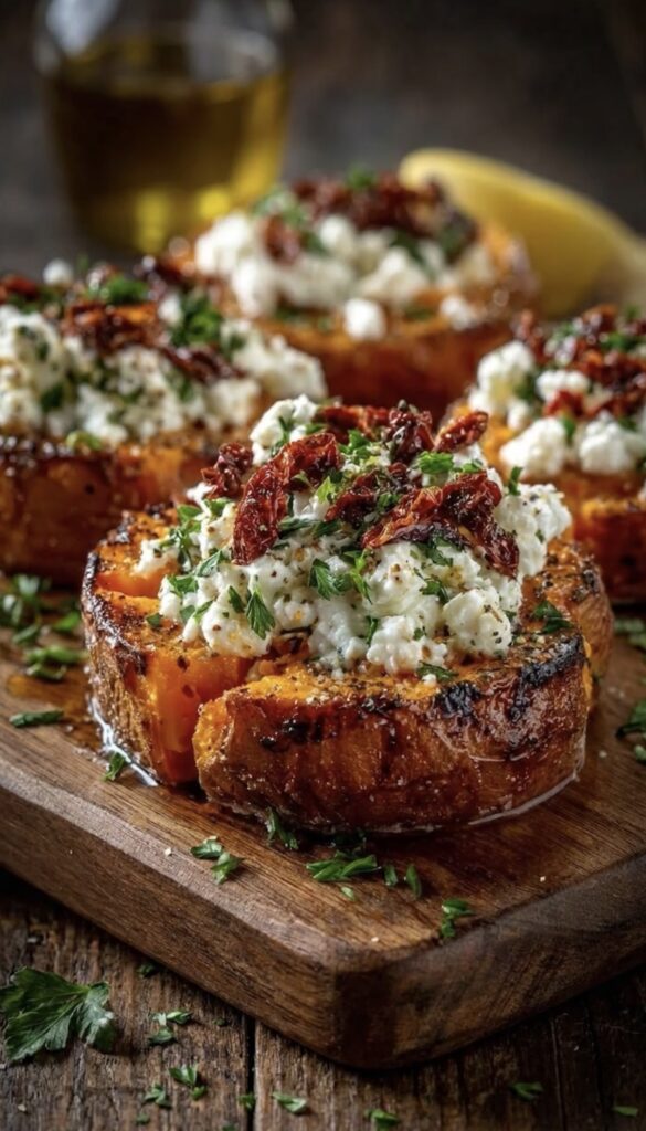 Roasted Sweet Potato Rounds with Feta, Sun-Dried Tomatoes & Honey
