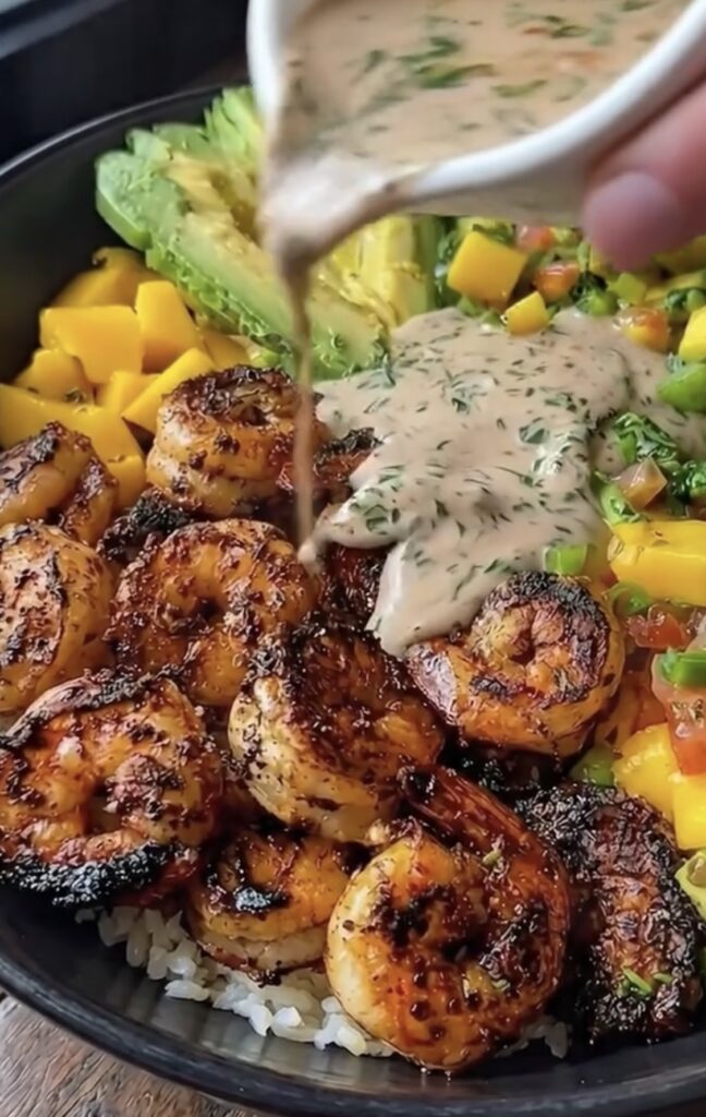 Grilled Shrimp Rice Bowls with Fresh Mango Salsa & Creamy Lime Dressing