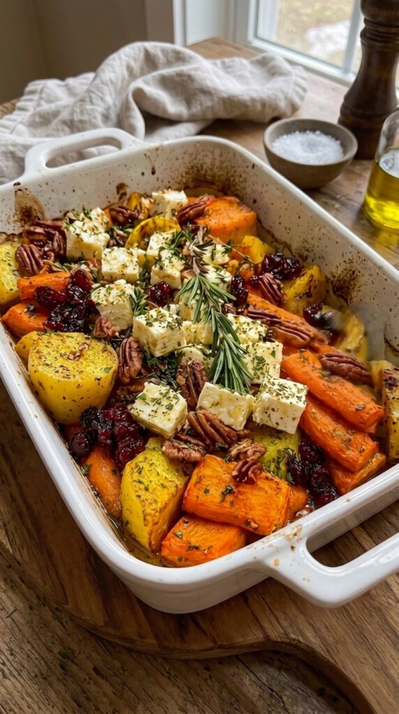 Roasted Root Vegetable Salad with Feta, Cranberries, Pecans & Rosemary