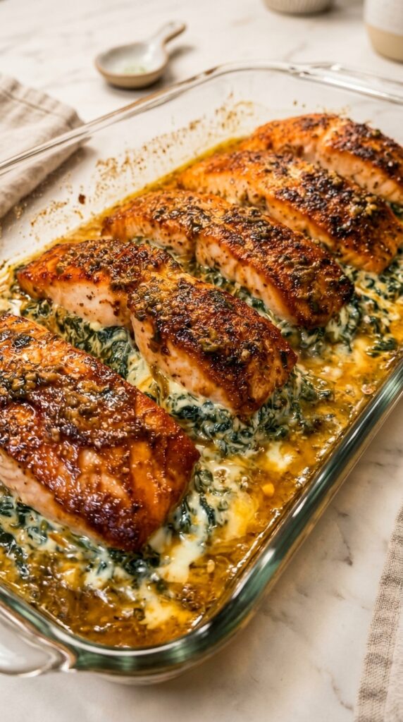Garlic Butter Baked Salmon with Creamy Spinach