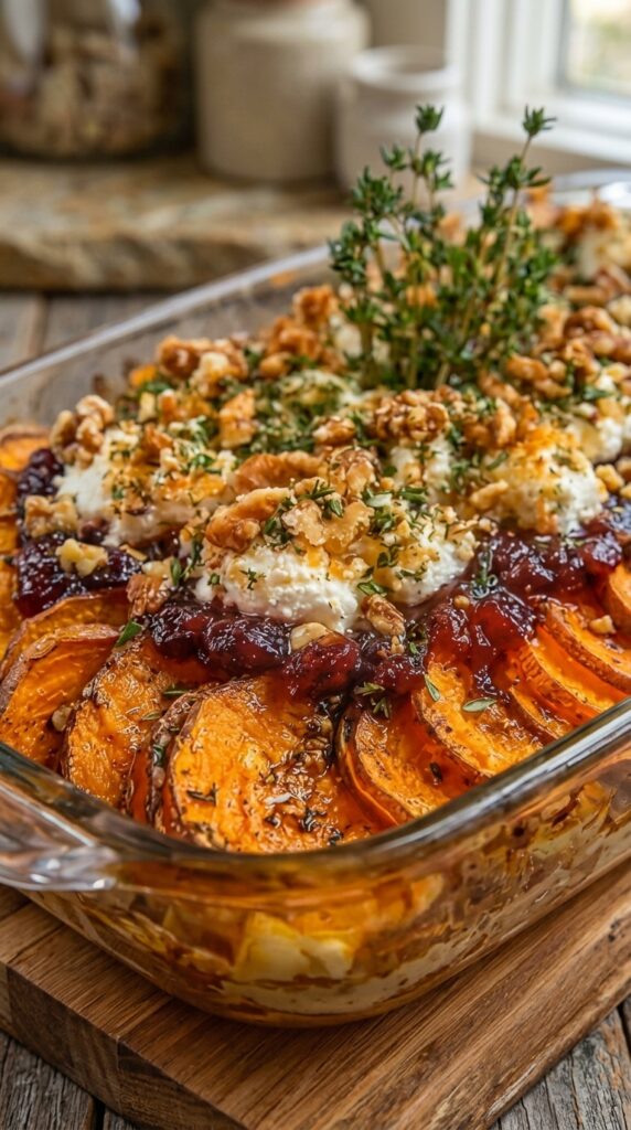 Roasted Sweet Potato Casserole with Cranberries, Goat Cheese and Walnuts