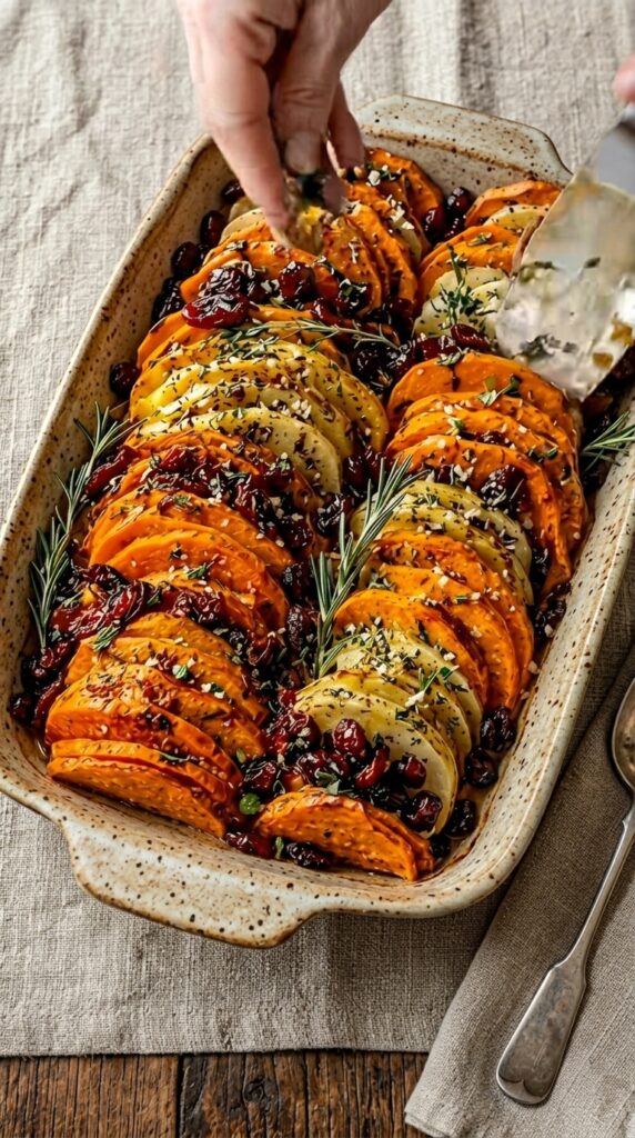 Maple Cranberry Sweet Potato and Apple Bake with Rosemary