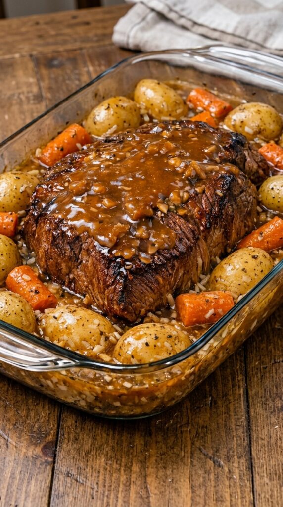 Tender Garlic Gravy Beef Pot Roast with Baby Potatoes and Carrots