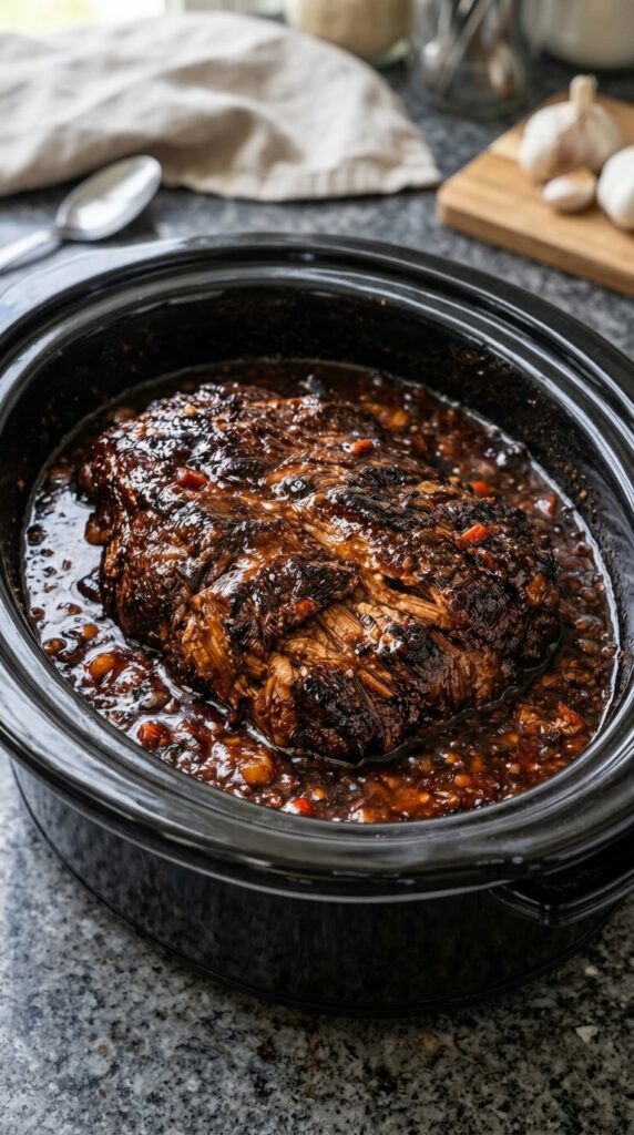 Slow Cooker Garlic and Onion Pot Roast with Rich Brown Gravy