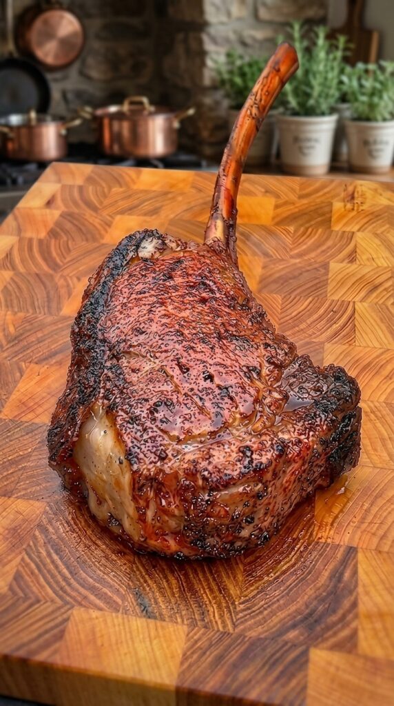 Cast-Iron Seared Tomahawk Ribeye Steak with Garlic Herb Butter