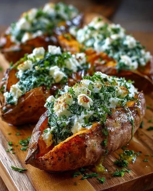 Spinach & Ricotta Stuffed Sweet Potatoes with Herb Drizzle
