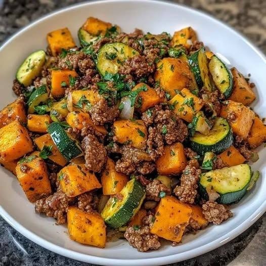 Ground Beef, Sweet Potato, and Zucchini Skillet