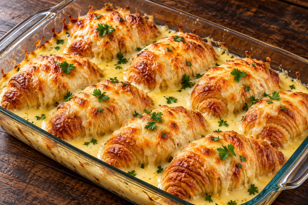 Cheesy Croissant Bake with Creamy Garlic Sauce