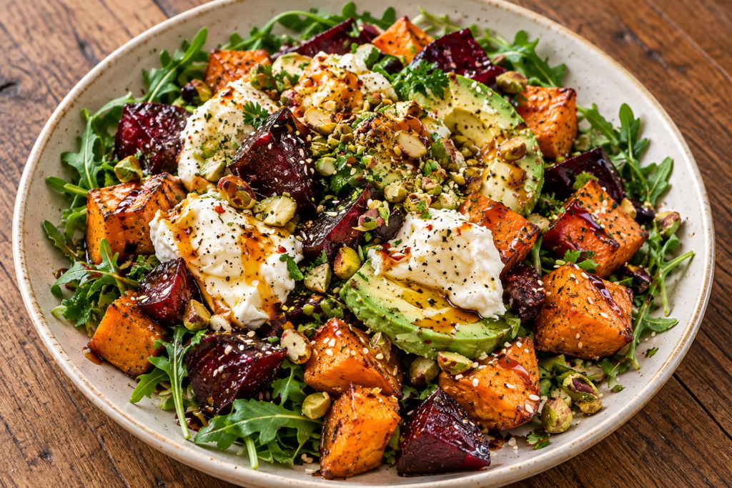 Roasted sweet potato and beet salad with burrata