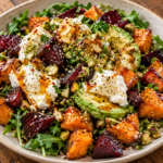 Roasted sweet potato and beet salad with burrata