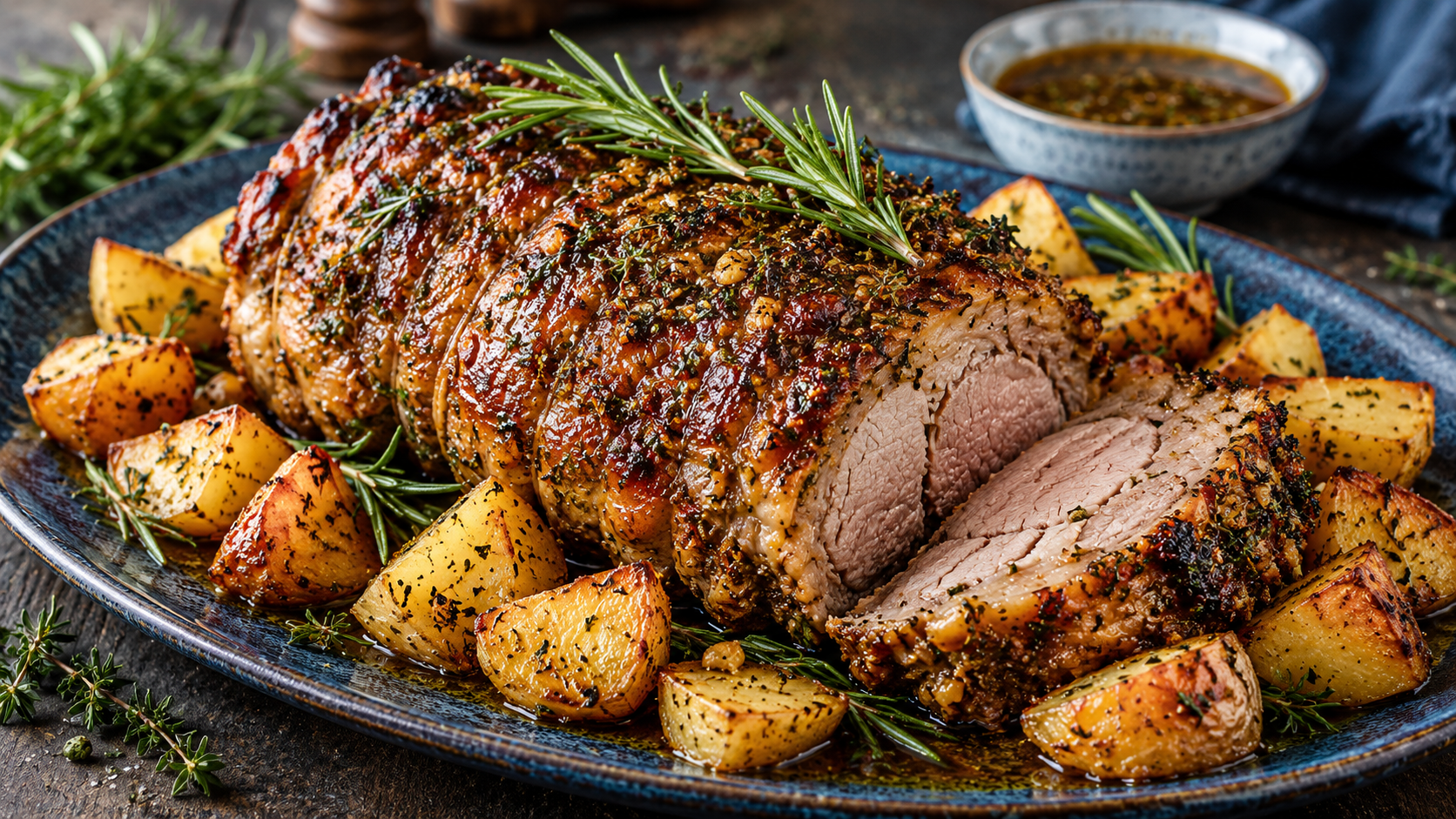 Garlic Herb Glazed Pork Roast with Roasted Potatoes