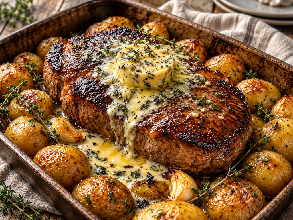 Garlic Herb Butter Roasted Beef with Crispy Baby Potatoes