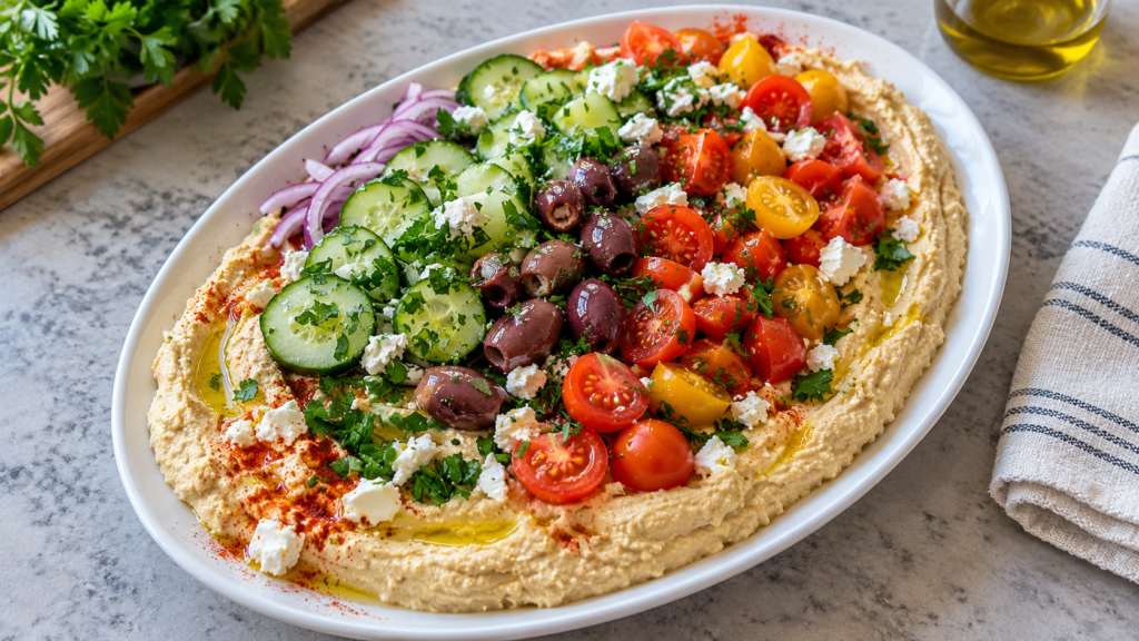 Mediterranean Loaded Hummus Platter with Feta