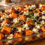 Roasted Sweet Potato Bake with Cranberries and Feta