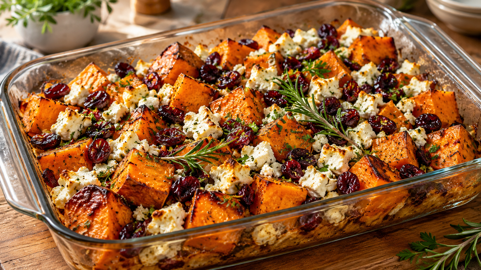 Roasted Sweet Potato Bake with Cranberries and Feta