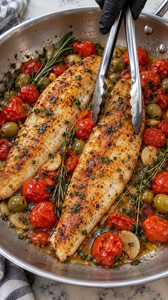 Golden seared white fish fillets in a skillet with cherry tomatoes, green olives, garlic cloves, rosemary, and thyme.