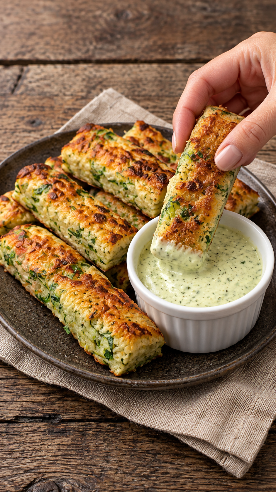 Cheesy Zucchini Breadsticks with Creamy Herb Dip
