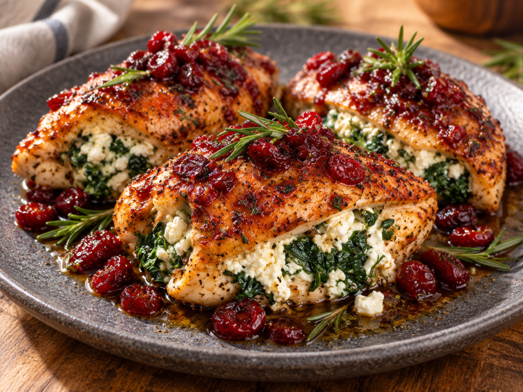 Cranberry Rosemary Spinach & Feta Stuffed Chicken