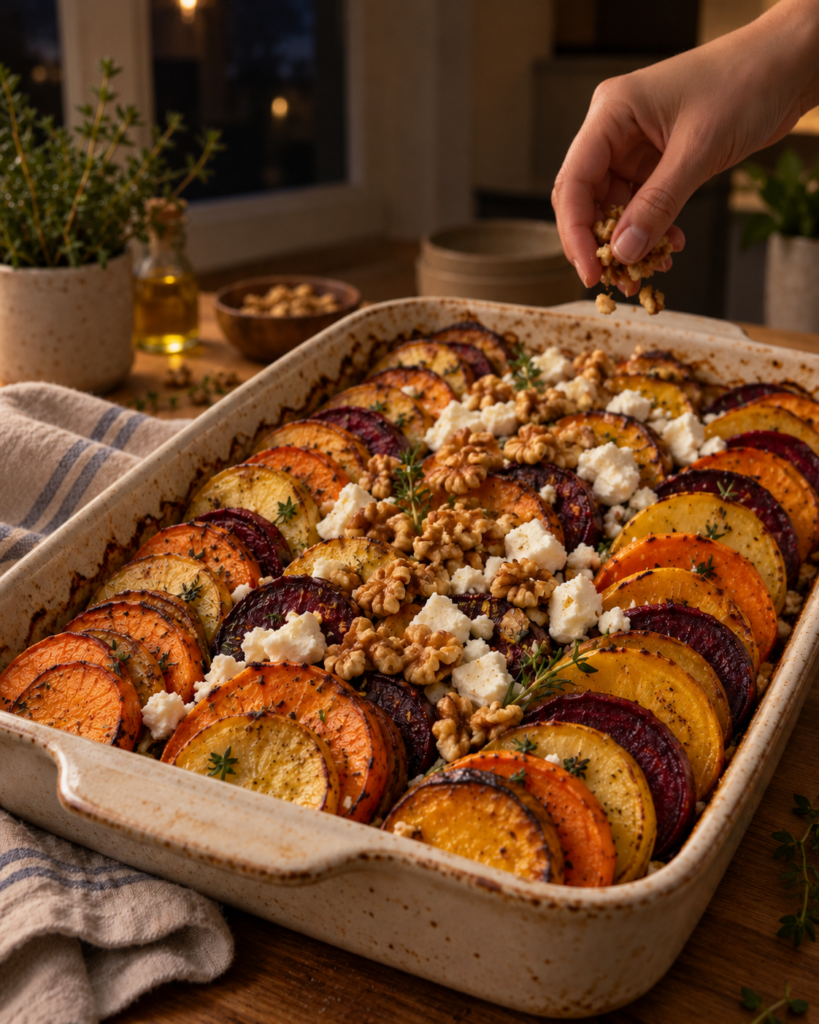 Roasted Root Vegetable Bake with Feta & Walnuts
