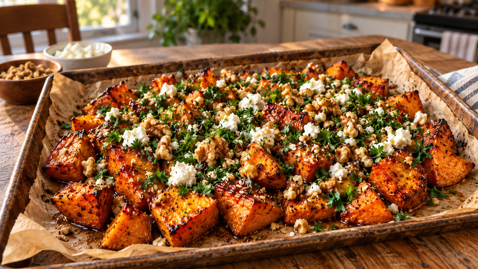 Maple Roasted Sweet Potatoes with Walnuts & Goat Cheese