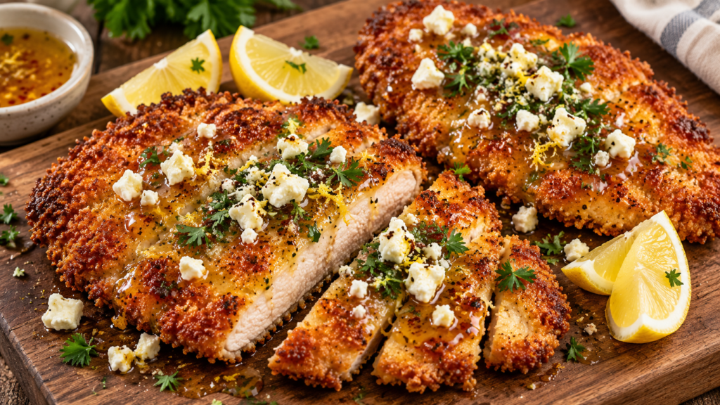 Crispy Hot Honey Lemon Feta Chicken Cutlets