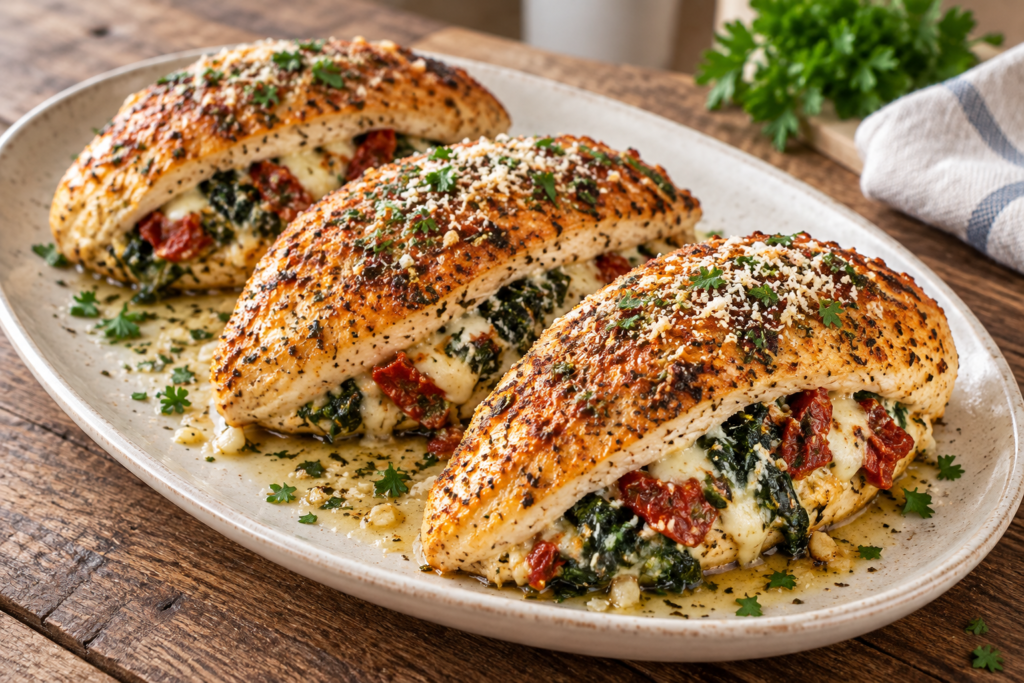 Golden chicken breasts stuffed with spinach, sun-dried tomatoes, and melted cheese on a white platter.
