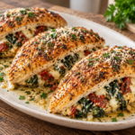 Golden chicken breasts stuffed with spinach, sun-dried tomatoes, and melted cheese on a white platter.