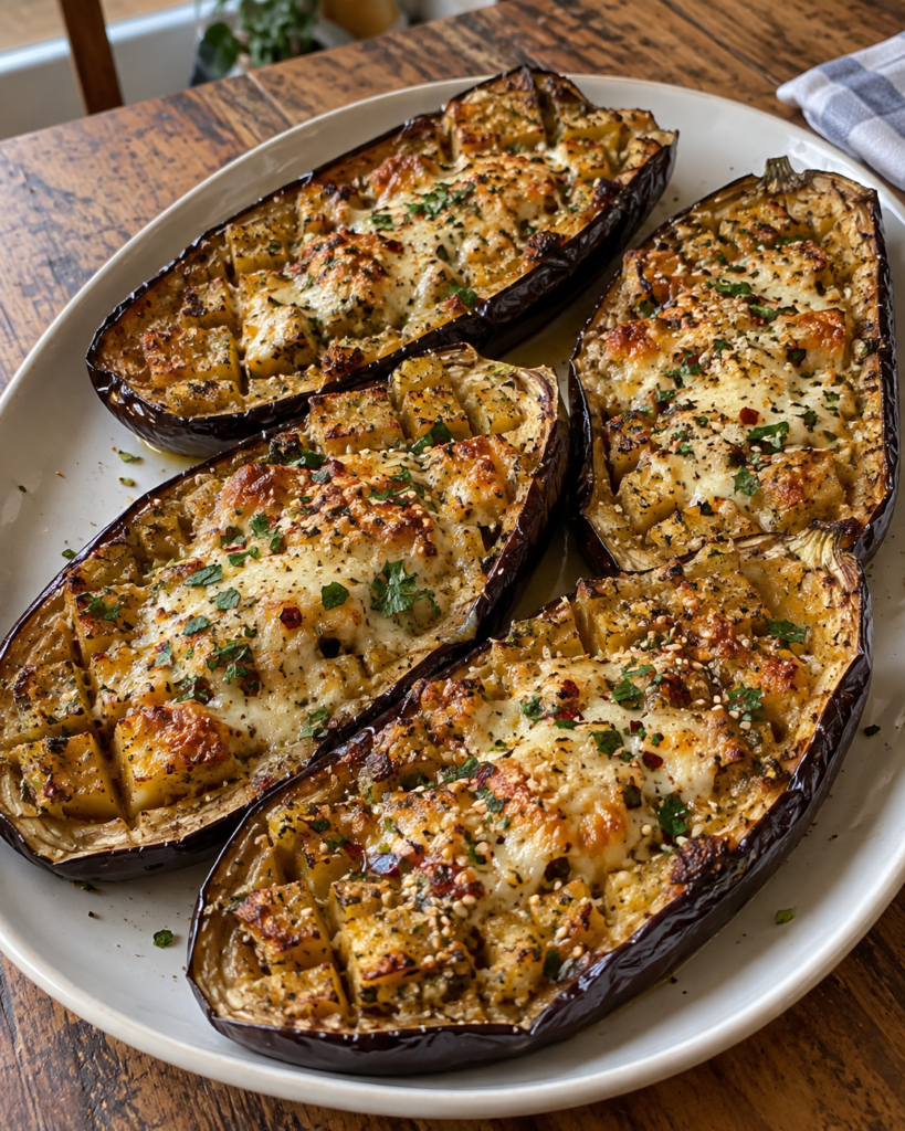 Roasted Cheesy Garlic Eggplant ON PLATE