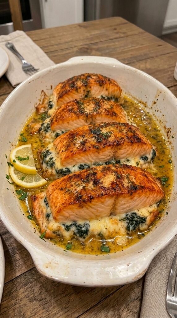 Garlic Butter Salmon Stuffed with Spinach and Cheese
